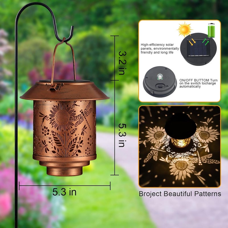 Doogarden Solar Lantern Outdoor Hanging Sunflower Lights Gifts for Women Mom Metal Garden Decor Outside Waterproof LED Lanterns for Patio(Dragonfly + Sunflower-2pack) - Image 4